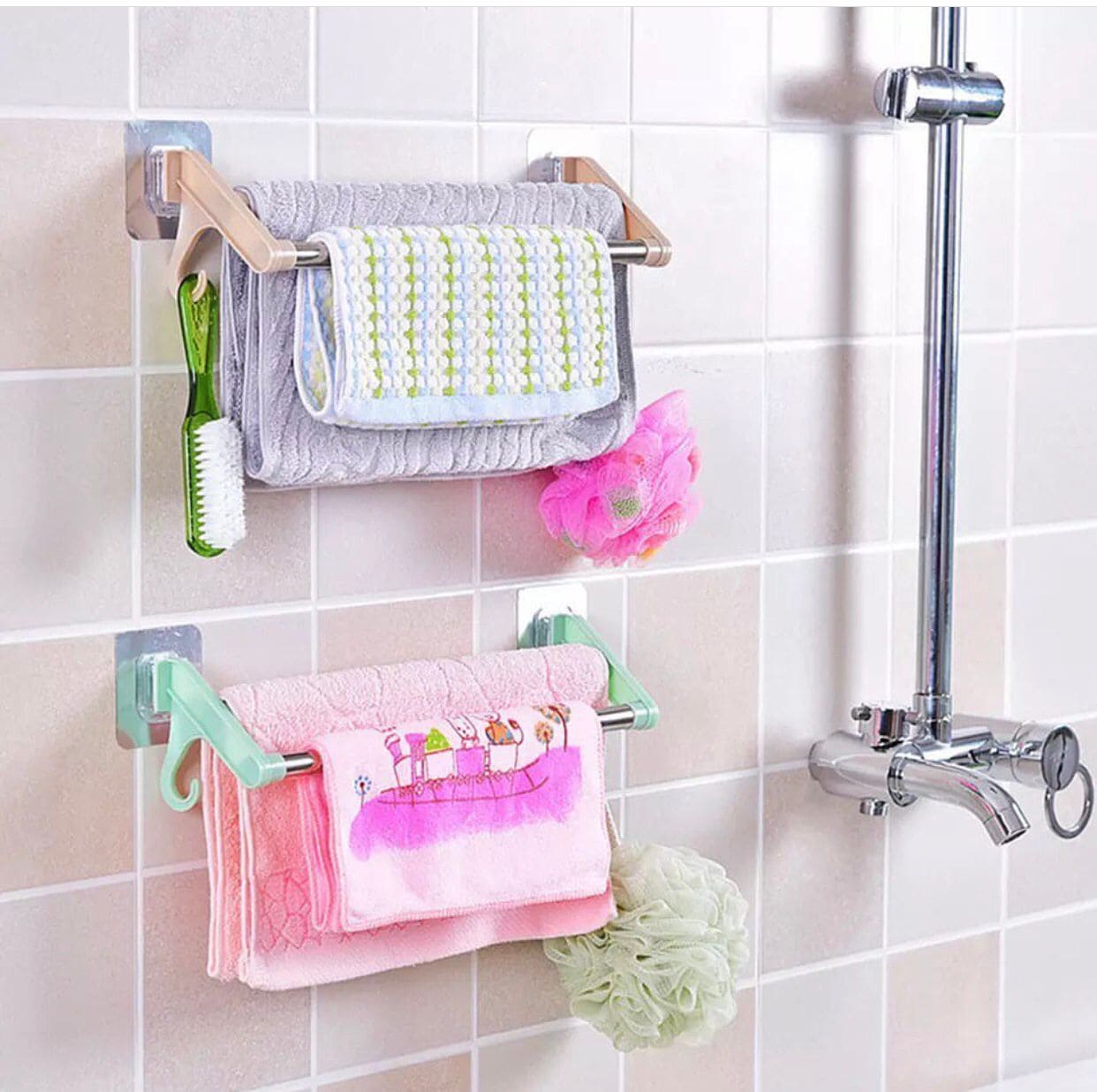 Stainless Steel Wall Mounted Double Shelf Bathroom Towel Rack, Self Adhesive Bath Wall Shelf with 2 Hooks, Wall Mounted Non Perforated Kitchen Utensils Rack Stainless Steel Wall Mounted Double Shelf Bathroom Towel Rack, Self Adhesive Bath Wall Shelf with 2 Hooks, Wall Mounted Non Perforated Kitchen Utensils Rack